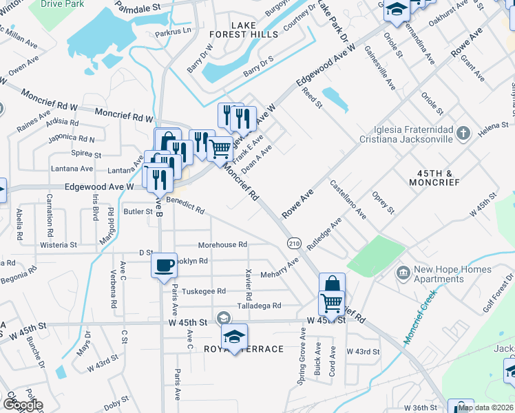 map of restaurants, bars, coffee shops, grocery stores, and more near 5844 Moncrief Road in Jacksonville