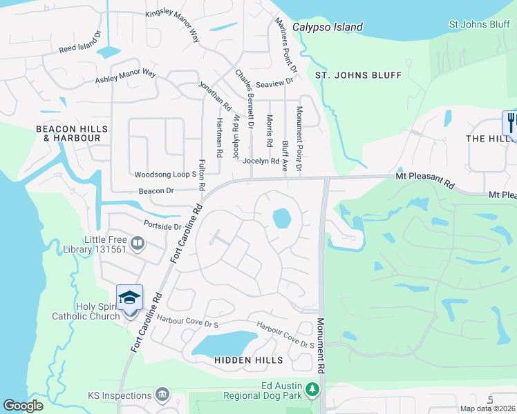 map of restaurants, bars, coffee shops, grocery stores, and more near 4323 Springmoor 7 Court in Jacksonville