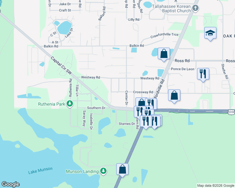 map of restaurants, bars, coffee shops, grocery stores, and more near 911 Crossway Road in Tallahassee