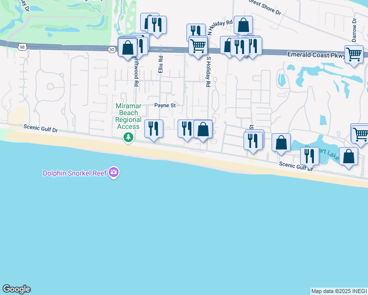 map of restaurants, bars, coffee shops, grocery stores, and more near 2076 Scenic Gulf Drive in Miramar Beach