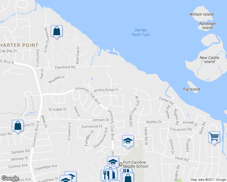 map of restaurants, bars, coffee shops, grocery stores, and more near 6103 Winding Bridge Drive in Jacksonville