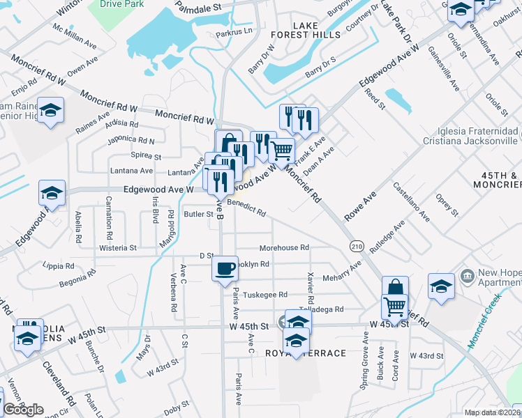 map of restaurants, bars, coffee shops, grocery stores, and more near 2131 Benedict Road in Jacksonville