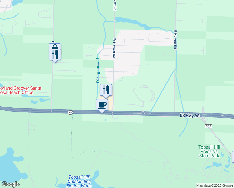 map of restaurants, bars, coffee shops, grocery stores, and more near 164 West Hewett Road in Santa Rosa Beach