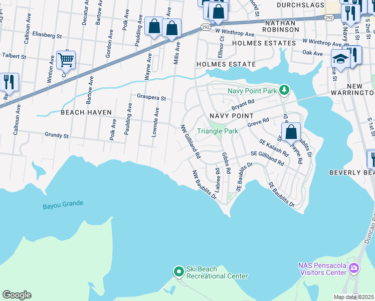 map of restaurants, bars, coffee shops, grocery stores, and more near 102 Northwest Gilliland Road in Pensacola