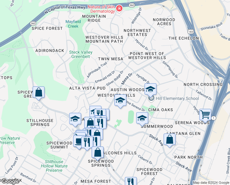 map of restaurants, bars, coffee shops, grocery stores, and more near in Austin