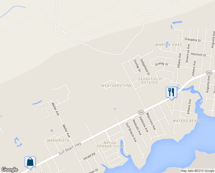 map of restaurants, bars, coffee shops, grocery stores, and more near 3899 Weatherstone Circle in Pensacola