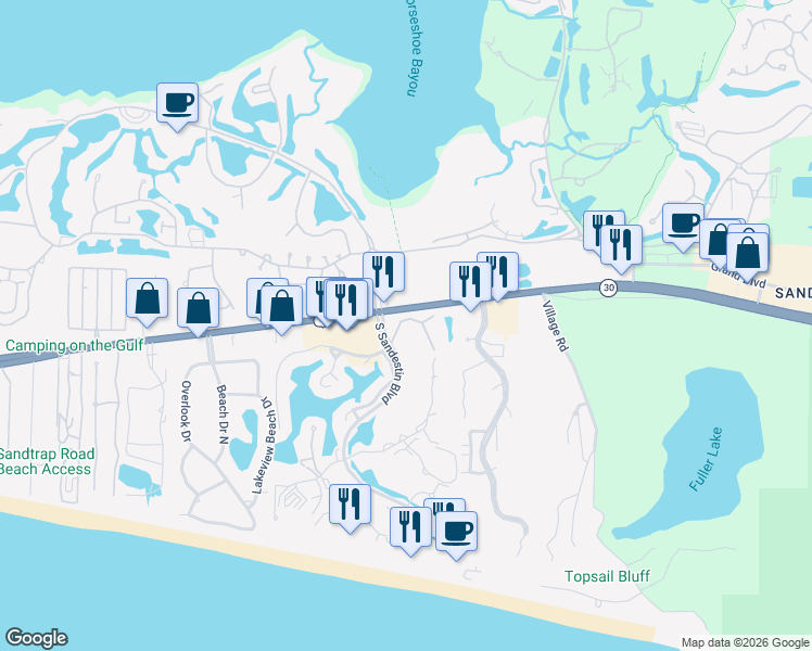 map of restaurants, bars, coffee shops, grocery stores, and more near 5352 Pine Ridge Lane in Miramar Beach