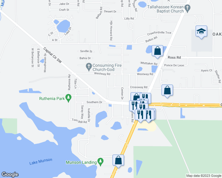 map of restaurants, bars, coffee shops, grocery stores, and more near 915 Crossway Road in Tallahassee