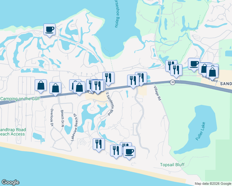 map of restaurants, bars, coffee shops, grocery stores, and more near 5352 Pine Ridge Lane in Miramar Beach