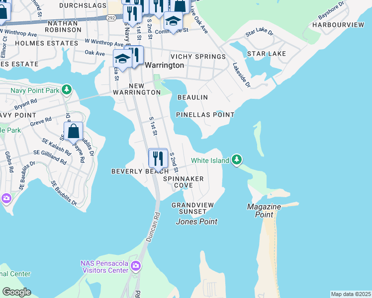 map of restaurants, bars, coffee shops, grocery stores, and more near 510 Palomar Drive in Pensacola