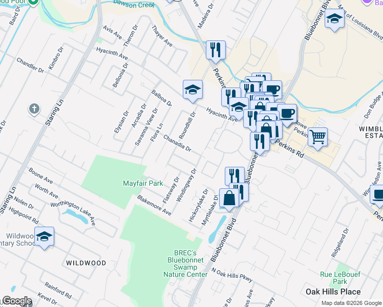 map of restaurants, bars, coffee shops, grocery stores, and more near 10004 Chanadia Drive in Baton Rouge