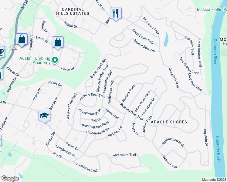 map of restaurants, bars, coffee shops, grocery stores, and more near 2107 Whitebead Trail in Austin