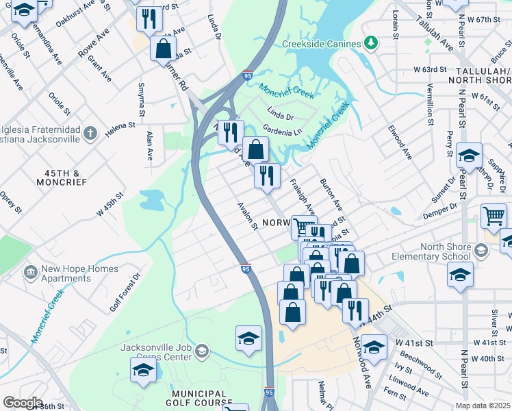map of restaurants, bars, coffee shops, grocery stores, and more near 967 Glencarin Street in Jacksonville