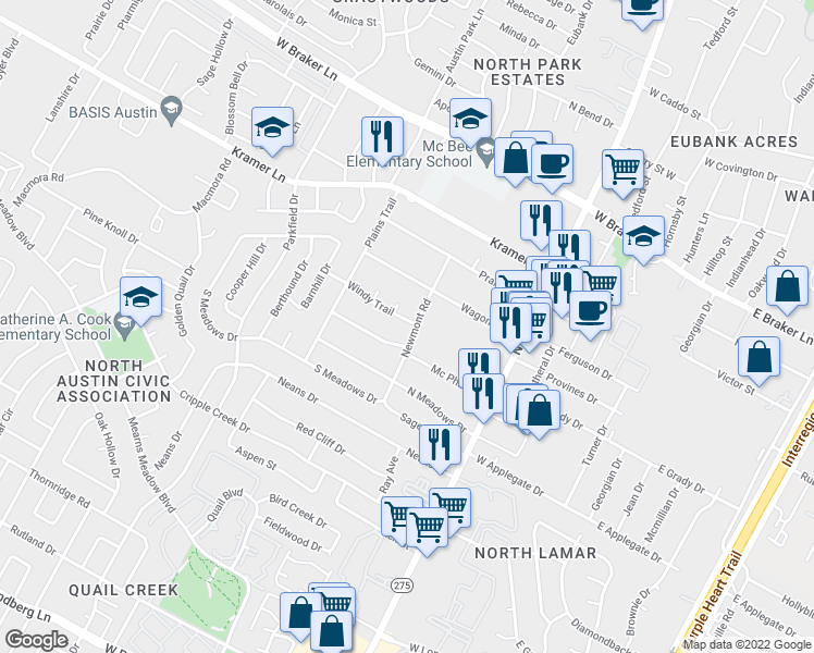map of restaurants, bars, coffee shops, grocery stores, and more near 10702 Newmont Road in Austin