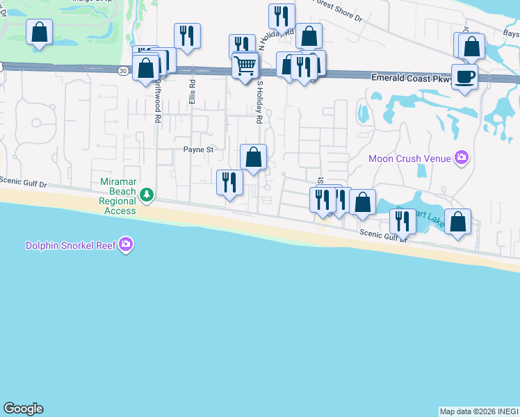 map of restaurants, bars, coffee shops, grocery stores, and more near 1952 Scenic Highway 98 in Miramar Beach
