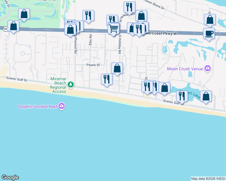 map of restaurants, bars, coffee shops, grocery stores, and more near 2020 Scenic Gulf Drive in Miramar Beach