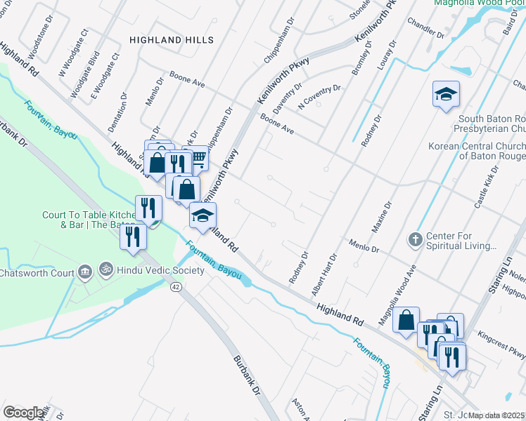 map of restaurants, bars, coffee shops, grocery stores, and more near 7723 Copperfield Court in Baton Rouge
