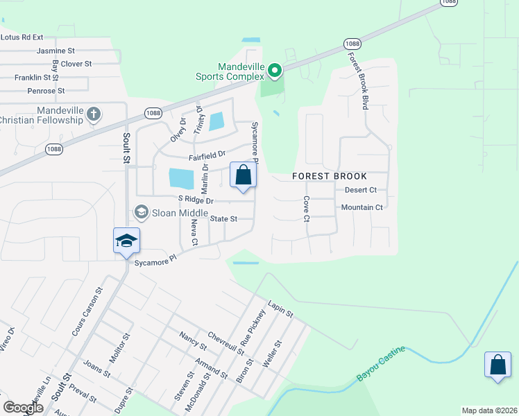 map of restaurants, bars, coffee shops, grocery stores, and more near 1406 Sycamore Place in Mandeville