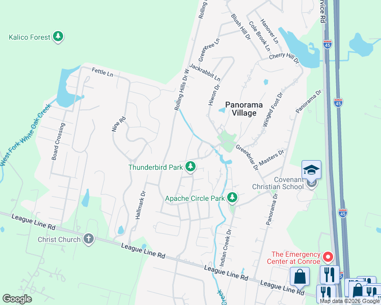 map of restaurants, bars, coffee shops, grocery stores, and more near 6 Shady Oak Lane in Conroe