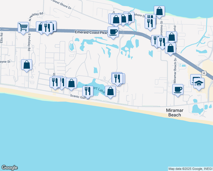 map of restaurants, bars, coffee shops, grocery stores, and more near 94 Stewart Lake Cove in Miramar Beach