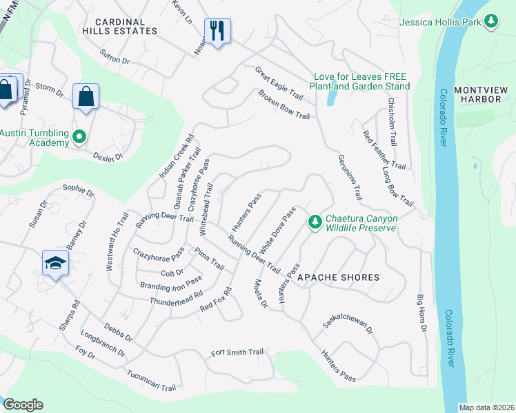 map of restaurants, bars, coffee shops, grocery stores, and more near 14519 Hunters Pass in Austin