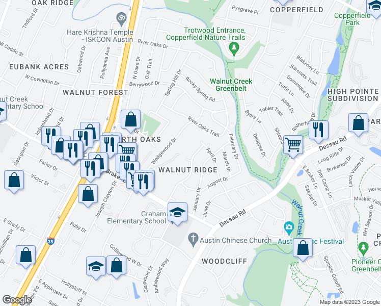map of restaurants, bars, coffee shops, grocery stores, and more near 11508 Walnut Ridge Drive in Austin
