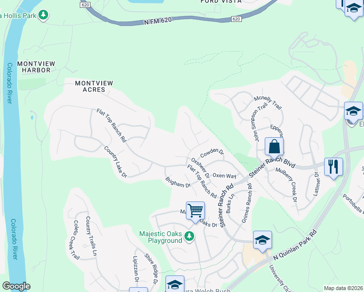 map of restaurants, bars, coffee shops, grocery stores, and more near 13012 Titus Court in Austin