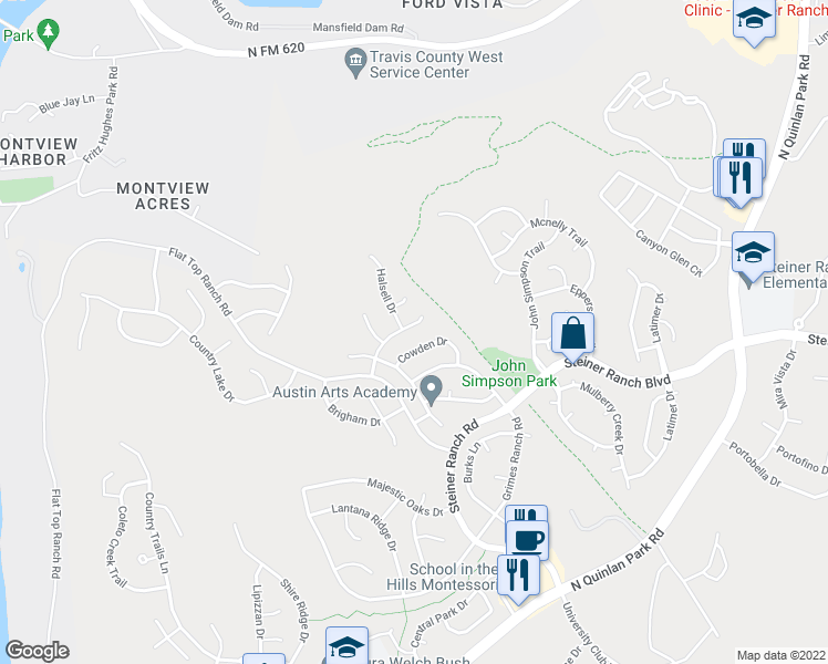 map of restaurants, bars, coffee shops, grocery stores, and more near 3417 Zebecca Creek Drive in Austin