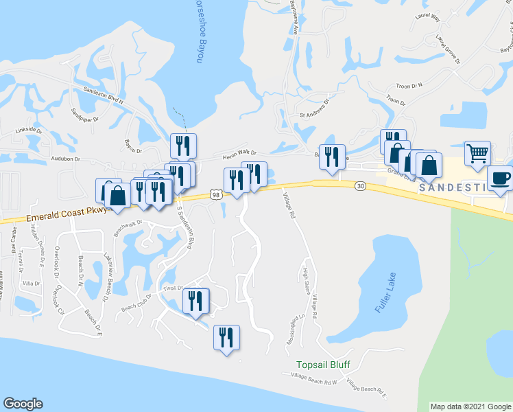map of restaurants, bars, coffee shops, grocery stores, and more near 8955 U.S. Highway 98 West in Miramar Beach