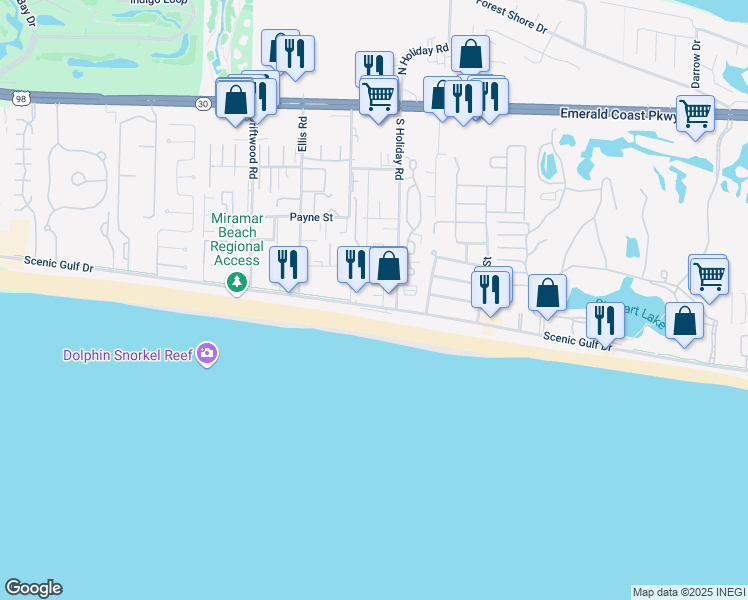 map of restaurants, bars, coffee shops, grocery stores, and more near 2020 Scenic Gulf Drive in Miramar Beach