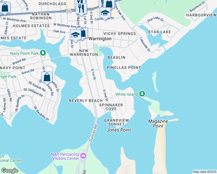 map of restaurants, bars, coffee shops, grocery stores, and more near 510 Palomar Drive in Pensacola