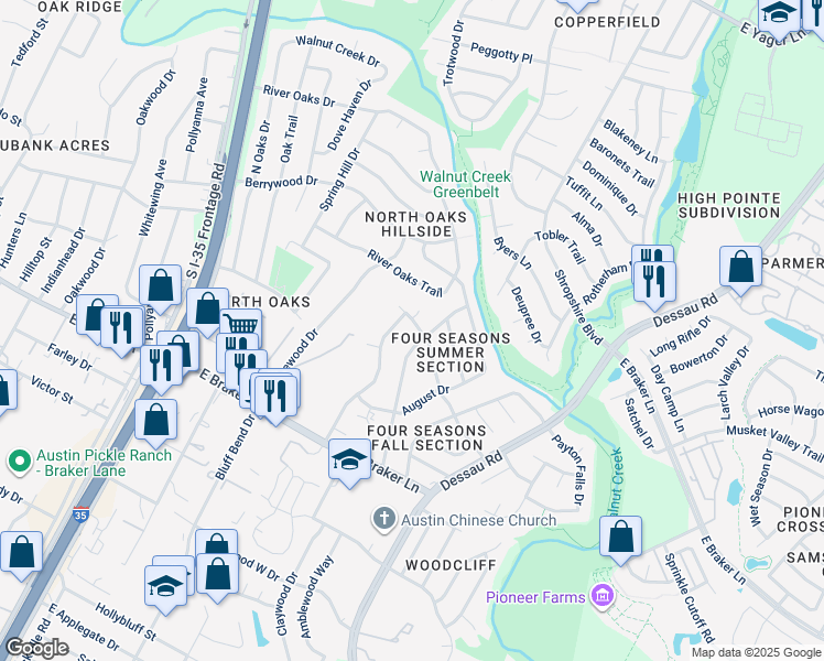 map of restaurants, bars, coffee shops, grocery stores, and more near 11602 April Drive in Austin