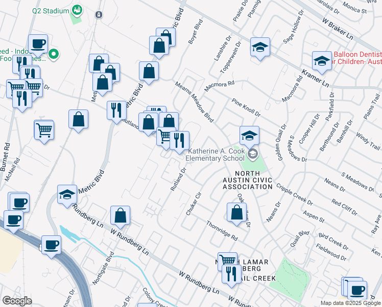map of restaurants, bars, coffee shops, grocery stores, and more near 10003 Rutland Village East in Austin