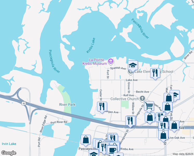 map of restaurants, bars, coffee shops, grocery stores, and more near 403 Lake Avenue in Pascagoula