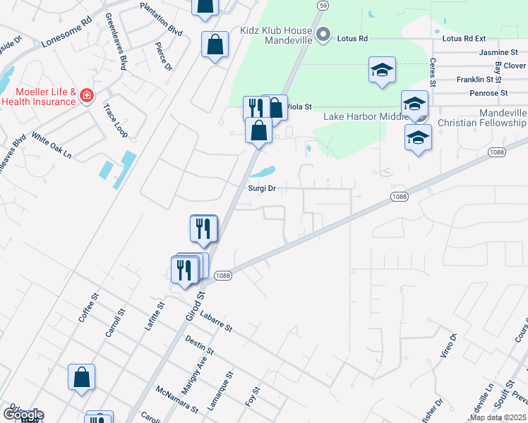 map of restaurants, bars, coffee shops, grocery stores, and more near Juliette Lane in Mandeville