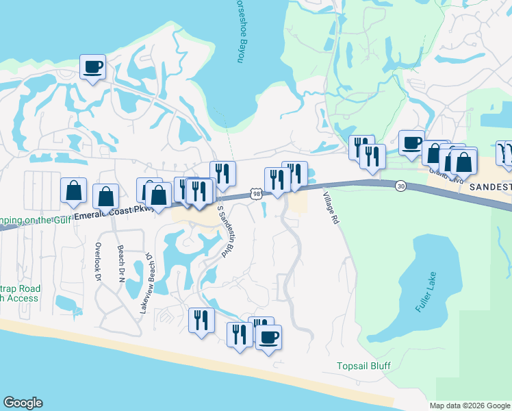 map of restaurants, bars, coffee shops, grocery stores, and more near 5383 Pine Ridge Lane in Miramar Beach