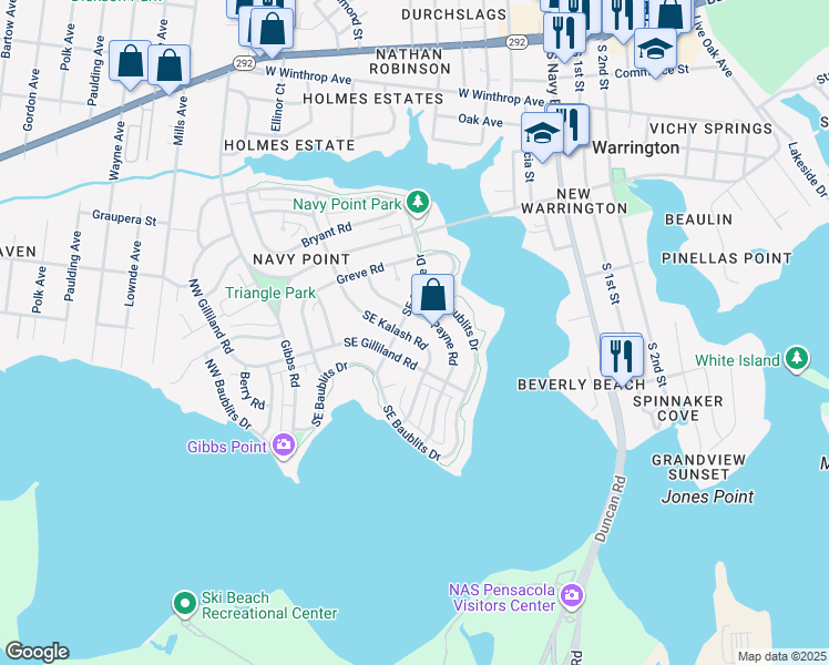 map of restaurants, bars, coffee shops, grocery stores, and more near 202 Southeast Kalash Road in Pensacola