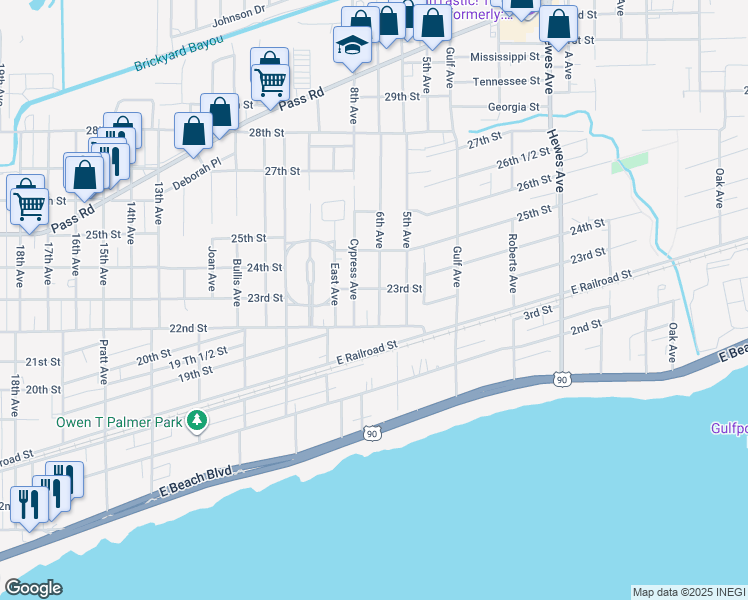 map of restaurants, bars, coffee shops, grocery stores, and more near 2229 6th Avenue in Gulfport