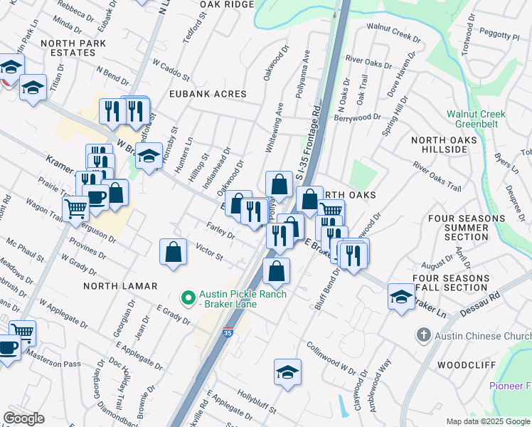 map of restaurants, bars, coffee shops, grocery stores, and more near 11302 Pollyanna Avenue in Austin