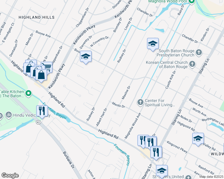 map of restaurants, bars, coffee shops, grocery stores, and more near 412 Albert Hart Drive in Baton Rouge