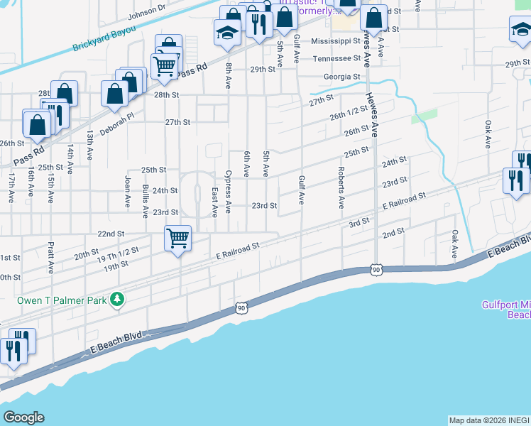 map of restaurants, bars, coffee shops, grocery stores, and more near 2227a 5th Avenue in Gulfport
