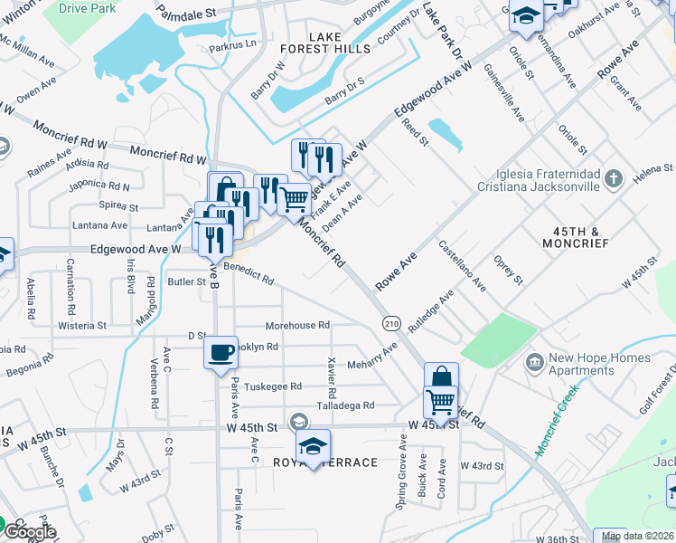 map of restaurants, bars, coffee shops, grocery stores, and more near 5844 Moncrief Road in Jacksonville