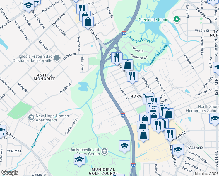 map of restaurants, bars, coffee shops, grocery stores, and more near 1061 Alderside Street in Jacksonville