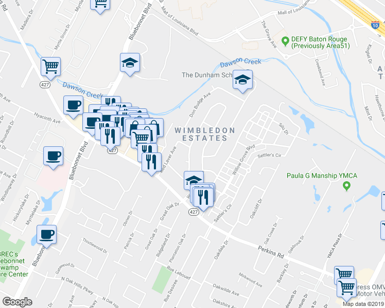 map of restaurants, bars, coffee shops, grocery stores, and more near 7923 John Newcombe Avenue in Baton Rouge