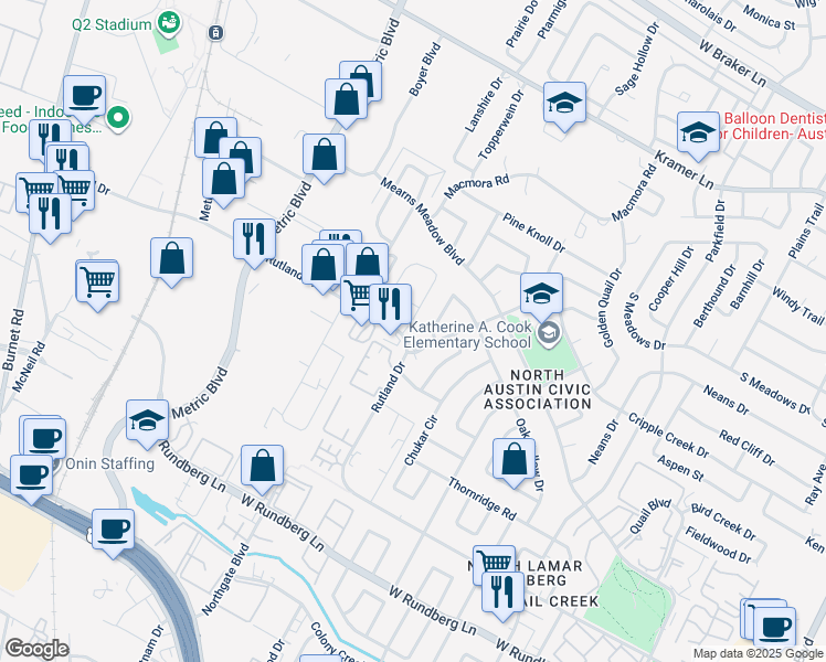 map of restaurants, bars, coffee shops, grocery stores, and more near 10003 Rutland Village East in Austin