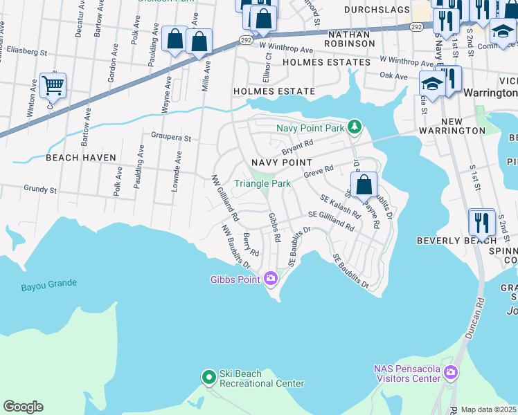 map of restaurants, bars, coffee shops, grocery stores, and more near 6 Cousineau Road in Pensacola