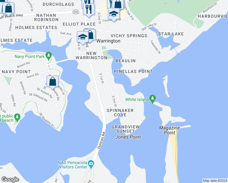 map of restaurants, bars, coffee shops, grocery stores, and more near 528 South 2nd Street in Pensacola