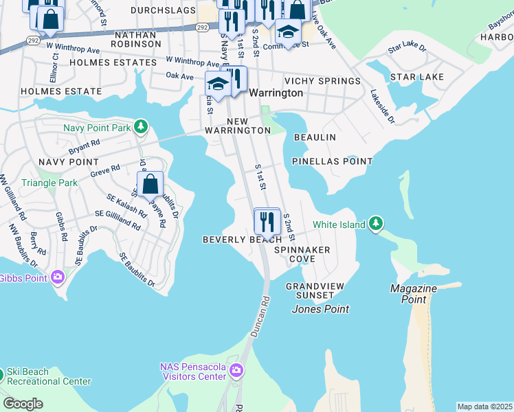 map of restaurants, bars, coffee shops, grocery stores, and more near 530 S Navy Blvd in Pensacola