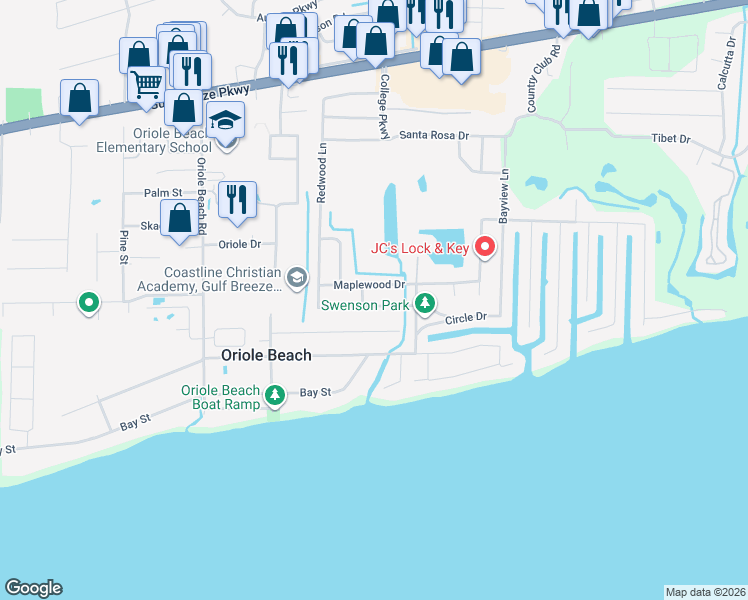 map of restaurants, bars, coffee shops, grocery stores, and more near 3262 West Avenue in Gulf Breeze