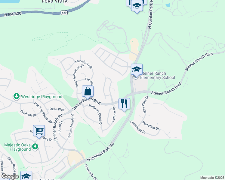 map of restaurants, bars, coffee shops, grocery stores, and more near 3806 Latimer Drive in Austin